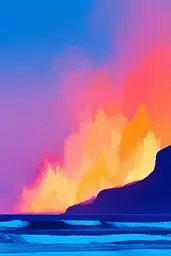 Midjourney generated image using SREF code Flurotica: A painting of a sunset over the ocean with a mountain in the background.