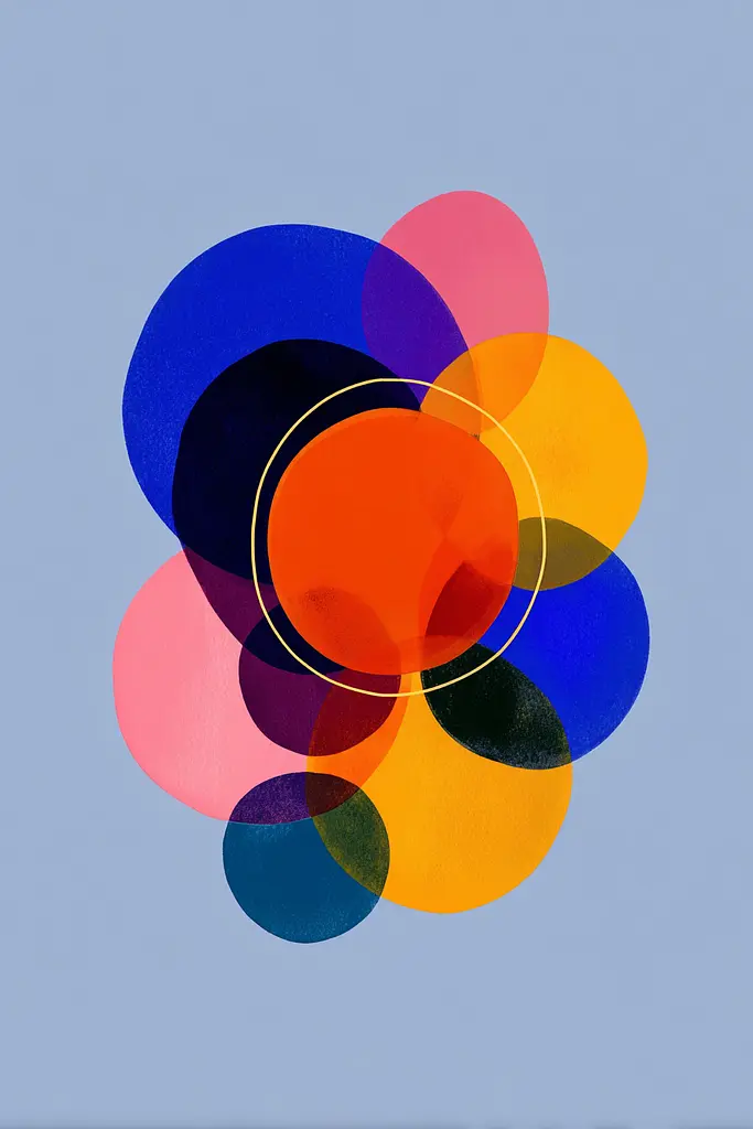 Midjourney generated image using SREF code Flurotica: A painting of colorful circles on a blue background.