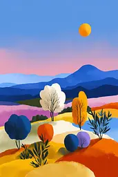 Midjourney generated image using SREF code Flurotica: A painting of a landscape with trees and mountains in the background.