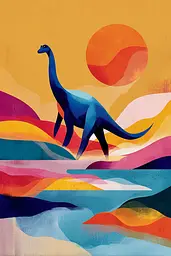 Midjourney generated image using SREF code Flurotica: A painting of a blue dinosaur walking across a field.