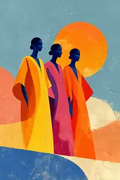 Midjourney generated image using SREF code Flurotica: Three women standing in front of a colorful sunset.