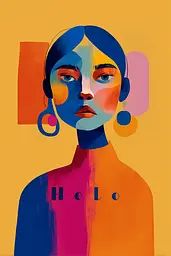 Midjourney generated image using SREF code Flurotica: A woman with blue hair and earrings on a yellow background.