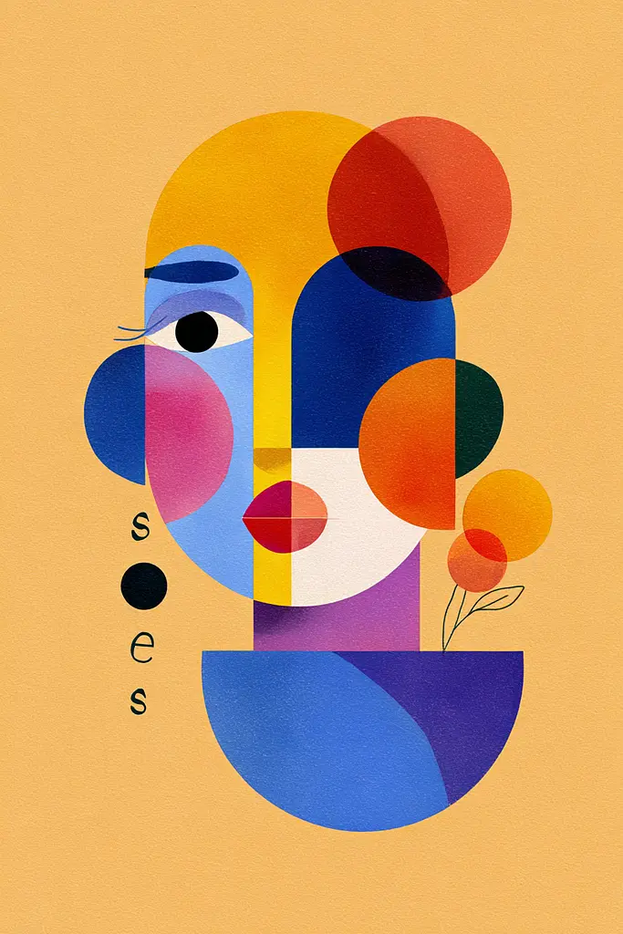 Midjourney generated image using SREF code Flurotica: A woman's face with colorful circles on a yellow background.
