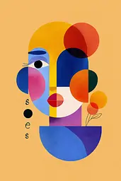 Midjourney generated image using SREF code Flurotica: A woman's face with colorful circles on a yellow background.