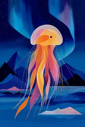 Midjourney generated image using SREF code Flurotica: A colorful jellyfish floating in the ocean under a blue sky.