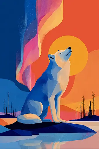 Midjourney generated image using SREF code Flurotica: A painting of a white wolf standing on top of a mountain.