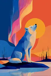 Midjourney generated image using SREF code Flurotica: A painting of a white wolf standing on top of a mountain.