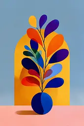 Midjourney generated image using SREF code Flurotica: A blue vase with colorful leaves in it on a table.