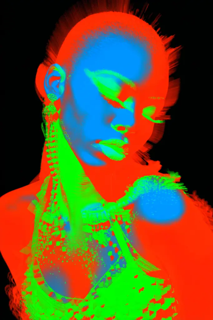 Midjourney generated image using SREF code Chromagel: A woman in a green and red dress with her eyes closed.