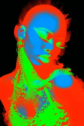 Midjourney generated image using SREF code Chromagel: A woman in a green and red dress with her eyes closed.
