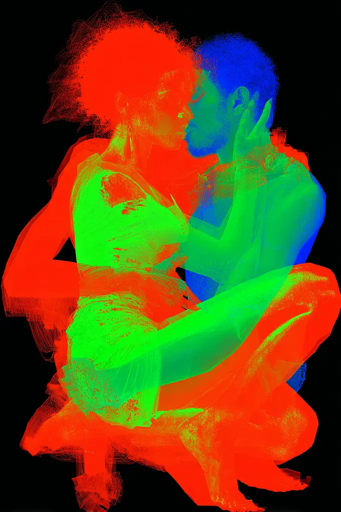 Midjourney generated image using SREF code Chromagel: A man and a woman are kissing in the dark.