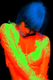Midjourney generated image using SREF code Chromagel: A woman with blue hair and a green shirt.