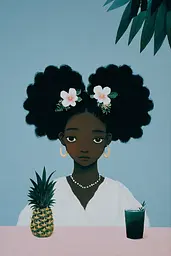 Midjourney generated image using SREF code Bluebone Drizzle: A painting of a woman with a pineapple in her hair.
