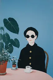 Midjourney generated image using SREF code Bluebone Drizzle: A painting of a woman sitting at a table with a cup of coffee.
