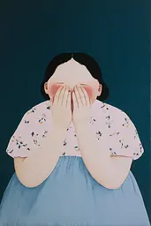 Midjourney generated image using SREF code Bluebone Drizzle: A painting of a woman covering her face with her hands.