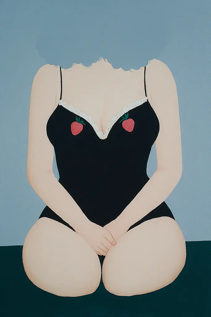 Midjourney generated image using SREF code Bluebone Drizzle: A painting of a woman in a black bathing suit with strawberries on it.