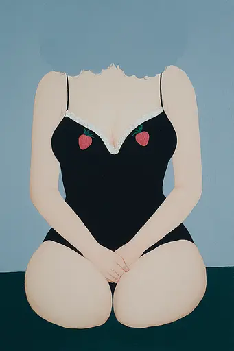 Midjourney generated image using SREF code Bluebone Drizzle: A painting of a woman in a black bathing suit with strawberries on it.