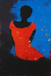 Midjourney generated image using SREF code Sootflare: A painting of a woman in a red dress.