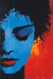 Midjourney generated image using SREF code Sootflare: A painting of a woman's face on a red and blue background.