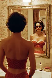 Midjourney generated image using SREF code Coppermuse: A woman standing in front of a mirror in a bathroom.