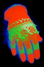 Midjourney generated image using SREF code Chromagel: A pair of red and green gloves on a black background.