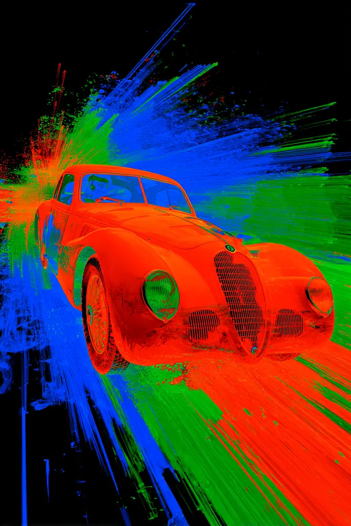 Midjourney generated image using SREF code Chromagel: A red car is painted in bright colors on a black background.