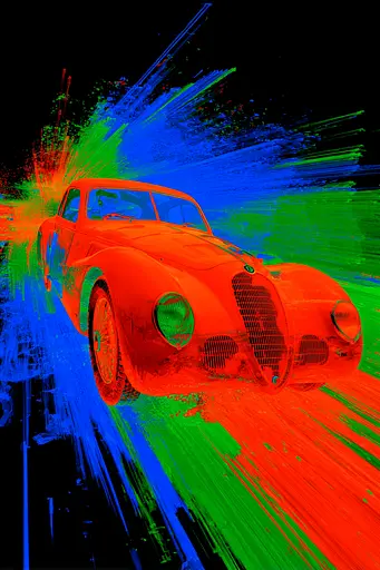 Midjourney generated image using SREF code Chromagel: A red car is painted in bright colors on a black background.