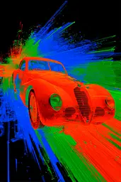 Midjourney generated image using SREF code Chromagel: A red car is painted in bright colors on a black background.
