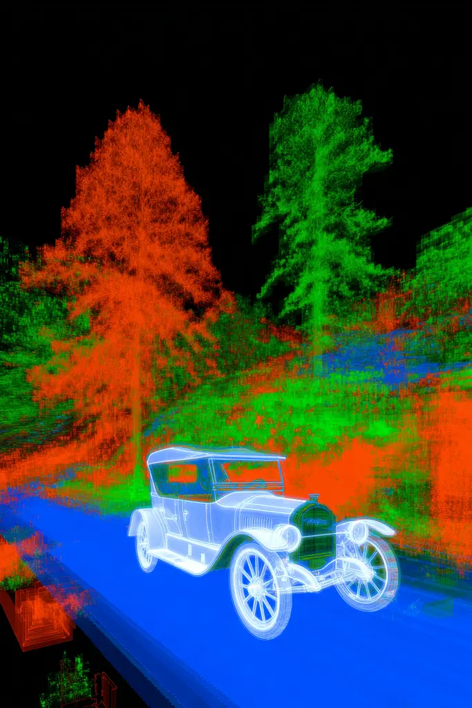 Midjourney generated image using SREF code Chromagel: An old car is parked on the side of the road.