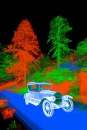 Midjourney generated image using SREF code Chromagel: An old car is parked on the side of the road.