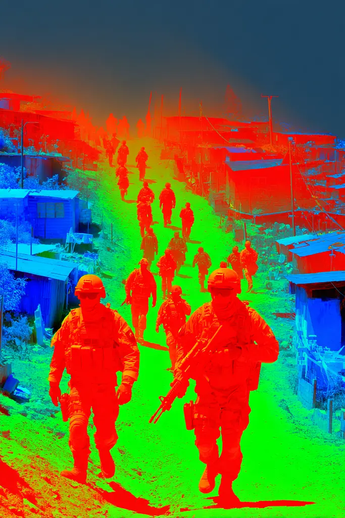 Midjourney generated image using SREF code Chromagel: A group of soldiers walking down a dirt road.