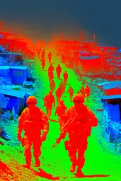 Midjourney generated image using SREF code Chromagel: A group of soldiers walking down a dirt road.