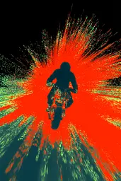 Midjourney generated image using SREF code Chromagel: A person riding a dirt bike on a black background.