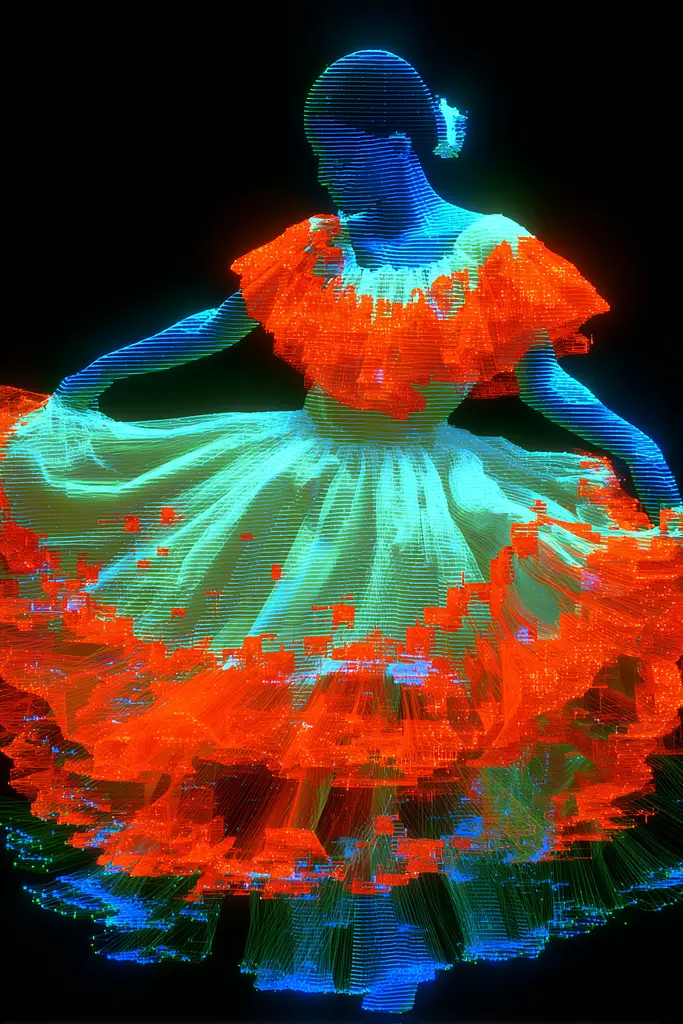 Midjourney generated image using SREF code Chromagel: A woman in a colorful dress is dancing. 