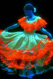 Midjourney generated image using SREF code Chromagel: A woman in a colorful dress is dancing. 