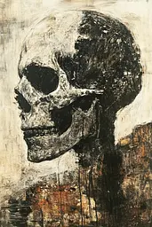 Midjourney generated image using SREF code Lurking Visions: A painting of a skull on a piece of paper.