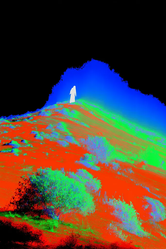 Midjourney generated image using SREF code Chromagel: A person standing on top of a hill in the middle of a field.