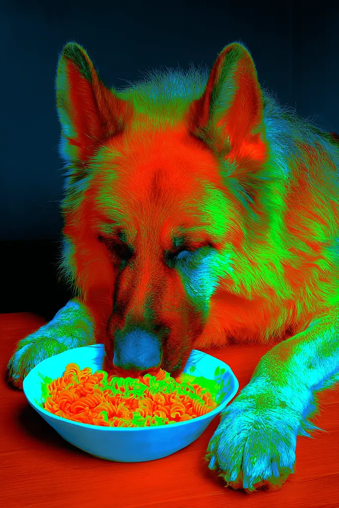 Midjourney generated image using SREF code Chromagel: A dog laying down next to a bowl of pasta.