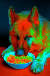 Midjourney generated image using SREF code Chromagel: A dog laying down next to a bowl of pasta.