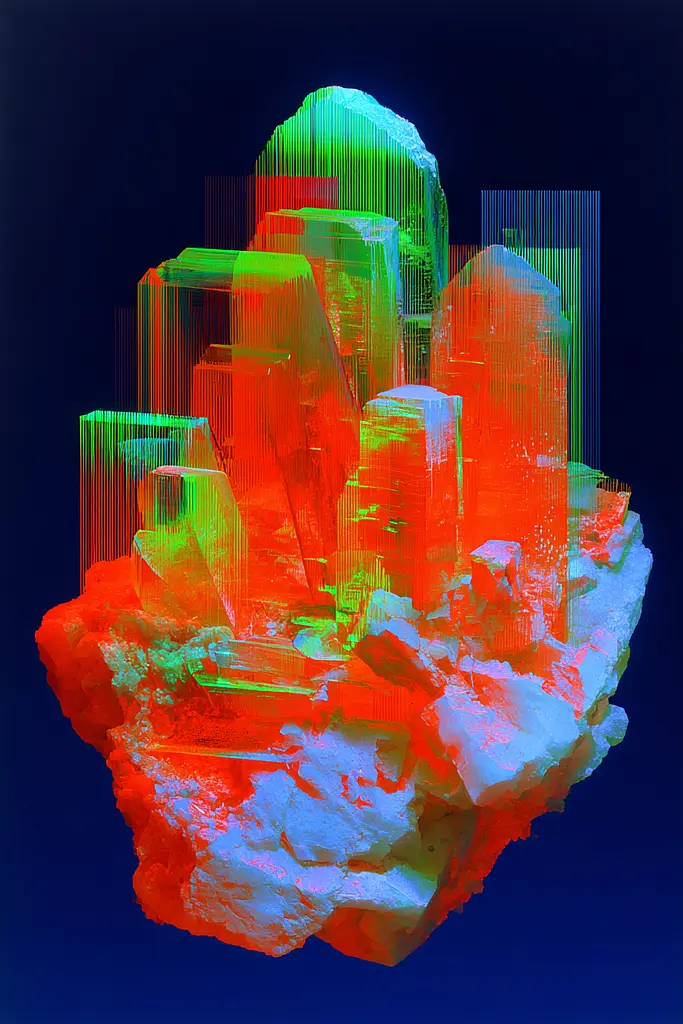 Midjourney generated image using SREF code Chromagel: A cluster of colorful crystals on a blue background.