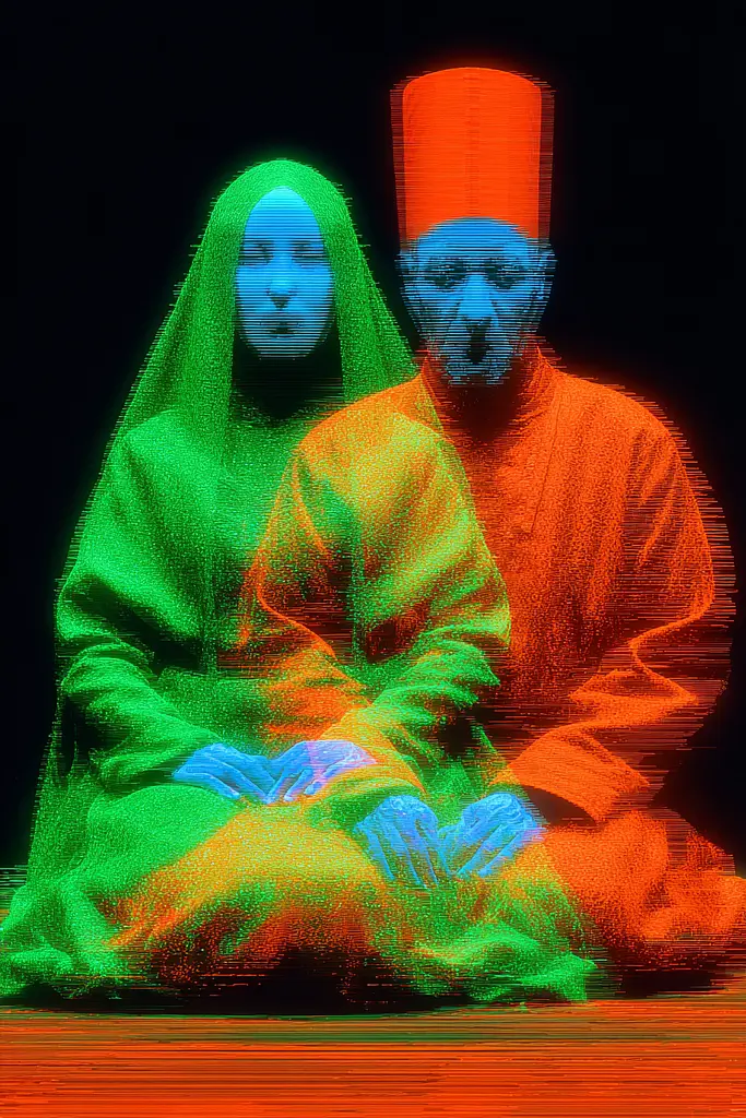 Midjourney generated image using SREF code Chromagel: A man and a woman sitting next to each other.