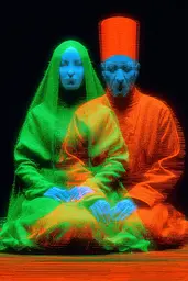 Midjourney generated image using SREF code Chromagel: A man and a woman sitting next to each other.