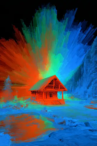 Midjourney generated image using SREF code Chromagel: A painting of a cabin in the middle of a lake.