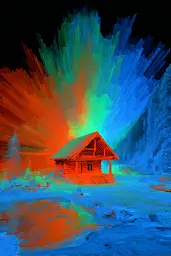 Midjourney generated image using SREF code Chromagel: A painting of a cabin in the middle of a lake.