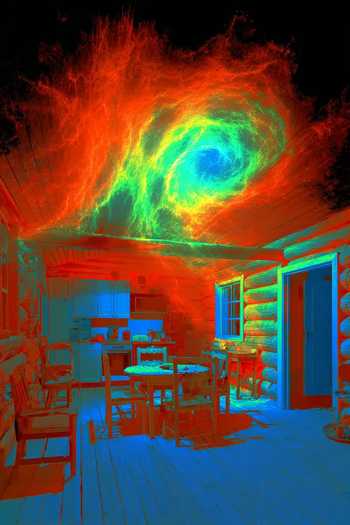 Midjourney generated image using SREF code Chromagel: A room with a table and chairs in it.