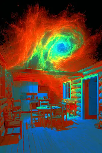 Midjourney generated image using SREF code Chromagel: A room with a table and chairs in it.