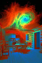 Midjourney generated image using SREF code Chromagel: A room with a table and chairs in it.