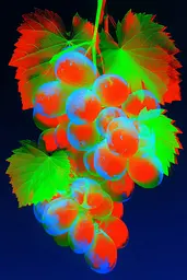 Midjourney generated image using SREF code Chromagel: A bunch of grapes with green leaves on a blue background.