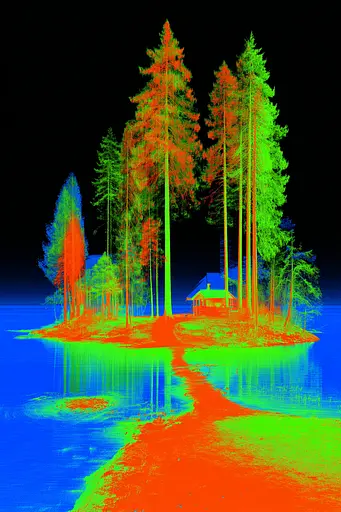 Midjourney generated image using SREF code Chromagel: An infrared image of a small island in the middle of a lake.