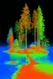 Midjourney generated image using SREF code Chromagel: An infrared image of a small island in the middle of a lake.